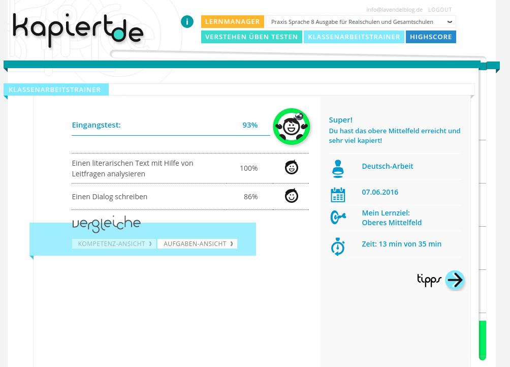 kapiert.de Klassenarbeitstrainer Ergebnis