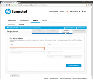 HP Instant Ink Registrierungsprozess Adresseingabe