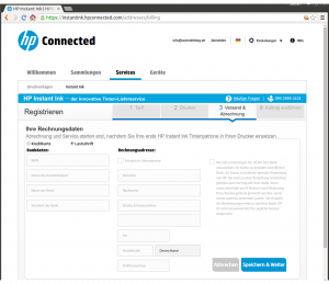 HP Instant Ink Registrierungsprozess Zahlungsweise
