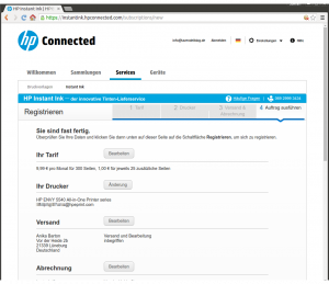 HP Instant Ink Registrierungsprozess Abschluss